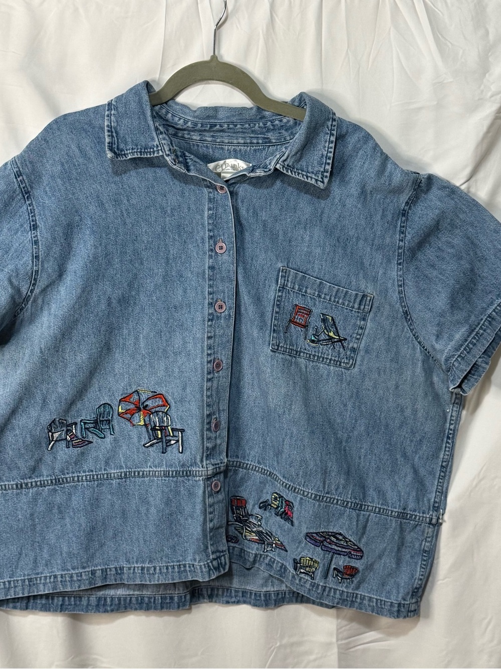 Vintage 1990’s CJ Banks Light Blue Denim Beach Embroidered Shirt